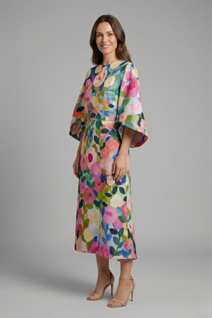 Women's midi dress with round neck and wide sleeves, abstract linear print on textured surface