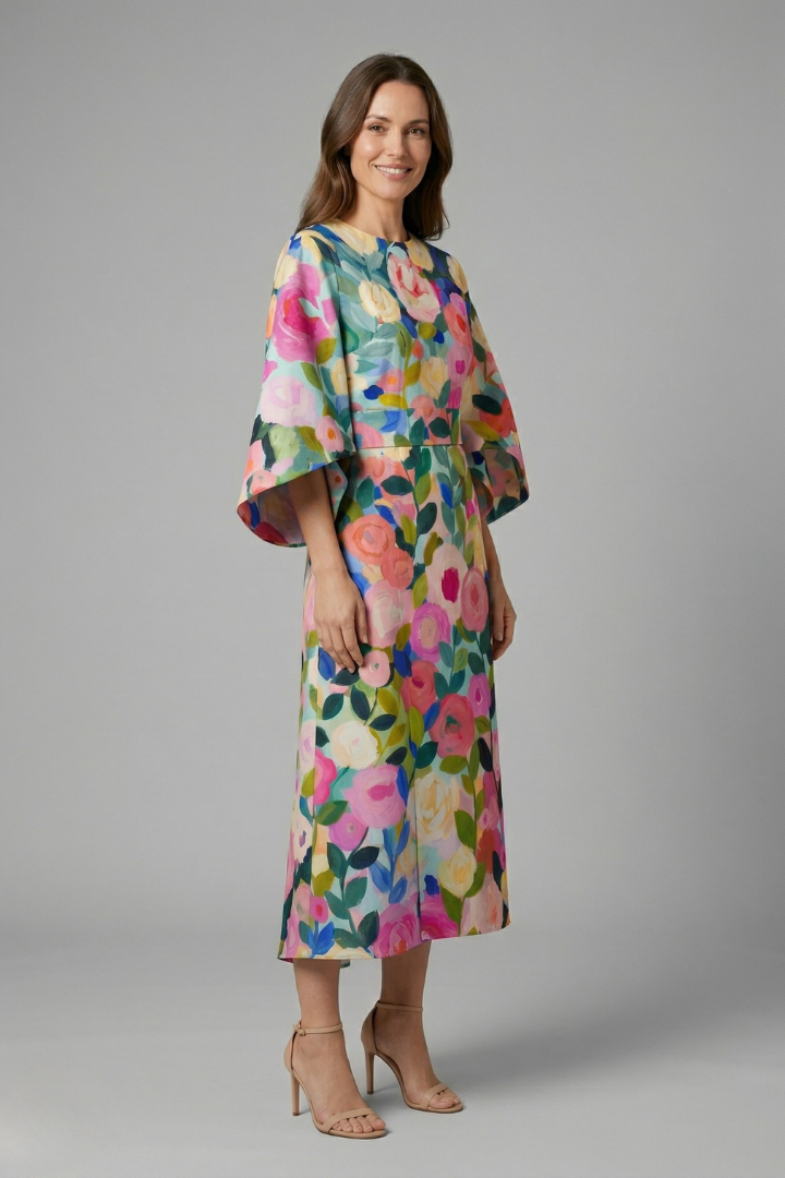 Women's midi dress with round neck and wide sleeves, abstract linear print on textured surface