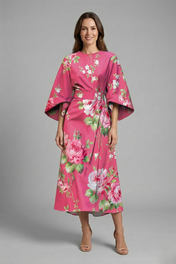 Women's midi dress with round neck and wide sleeves, abstract linear print on textured surface