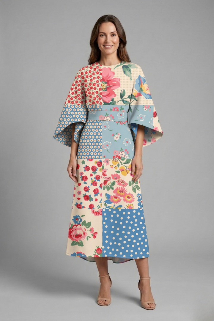 Women's midi dress with round neck and wide sleeves, abstract linear print on textured surface