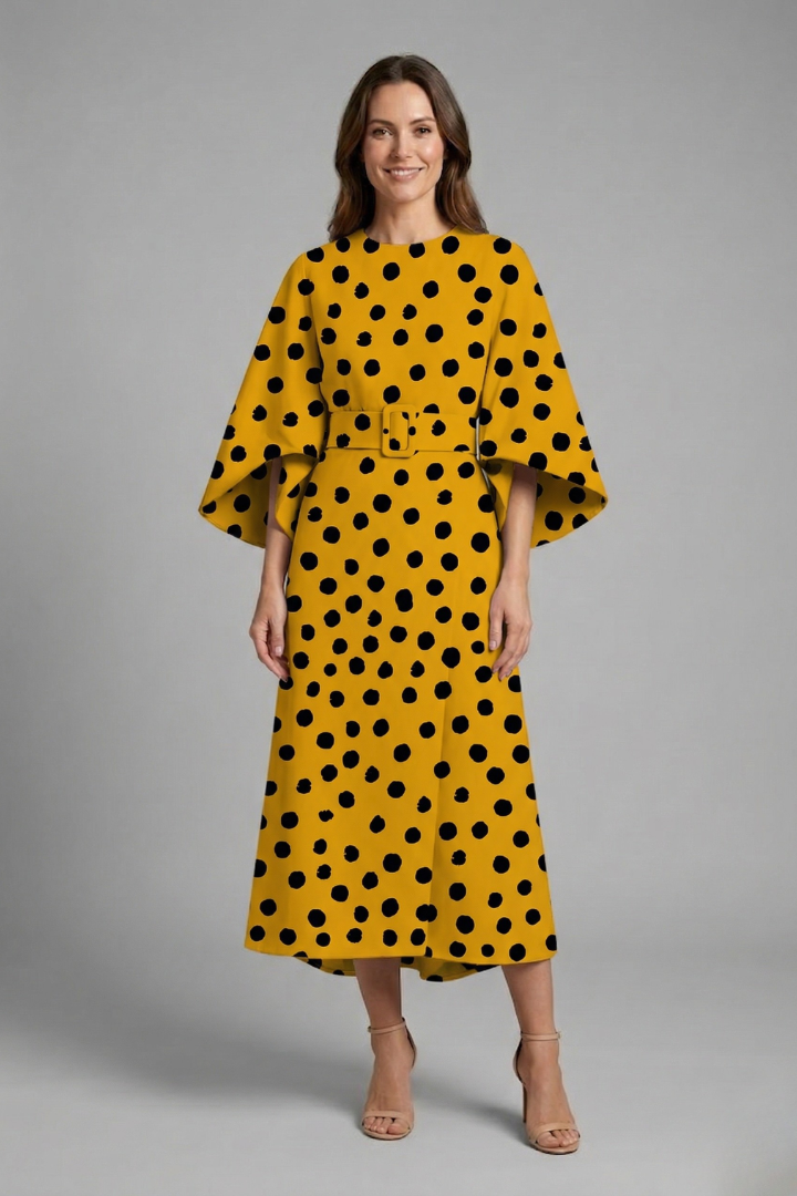 Women's midi dress with round neck and wide sleeves, abstract linear print on textured surface