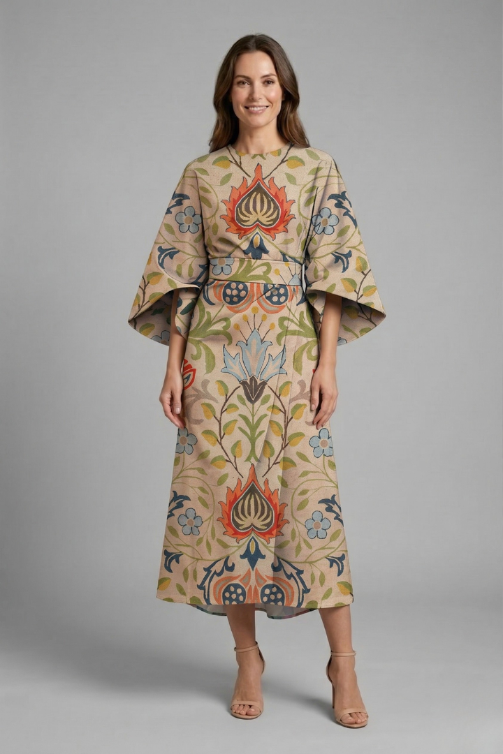 Women's midi dress with round neck and wide sleeves, abstract linear print on textured surface