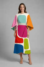 Women's midi dress with round neck and wide sleeves, abstract linear print on textured surface