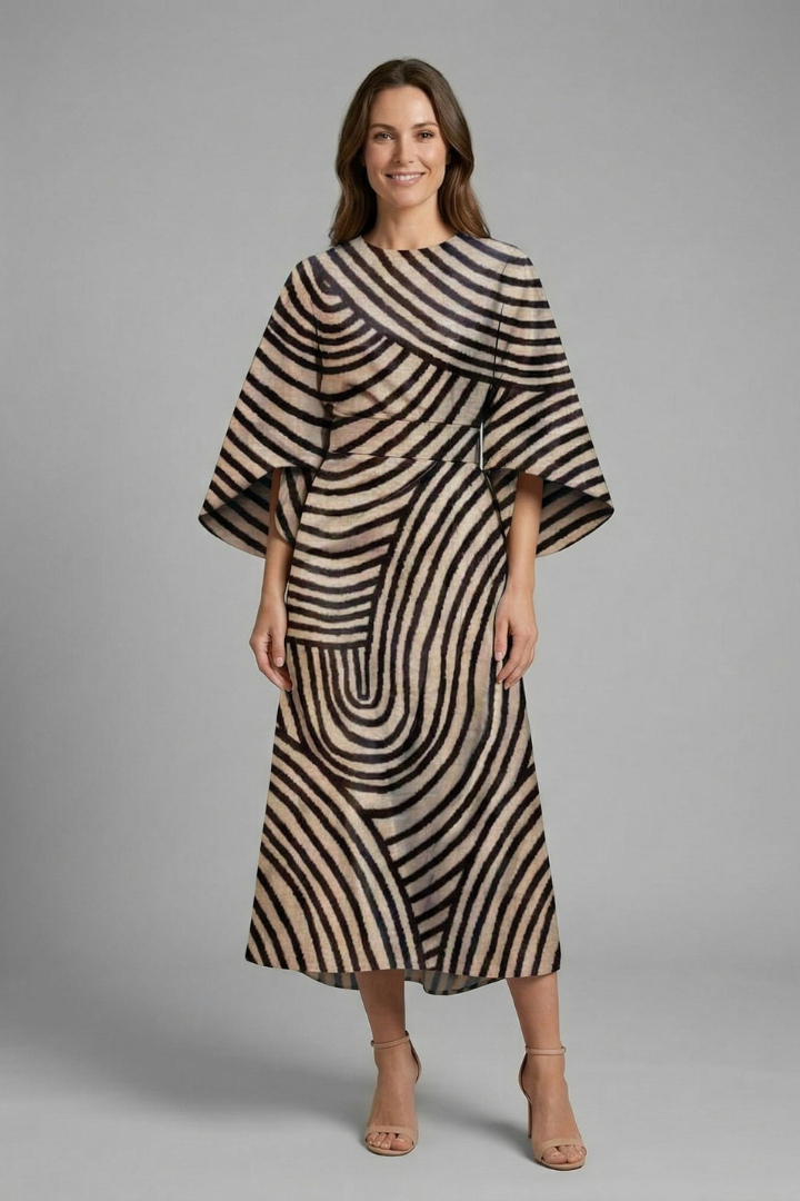 Women's midi dress with round neck and wide sleeves, abstract linear print on textured surface