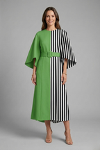Women's midi dress with round neck and wide sleeves, abstract linear print on textured surface