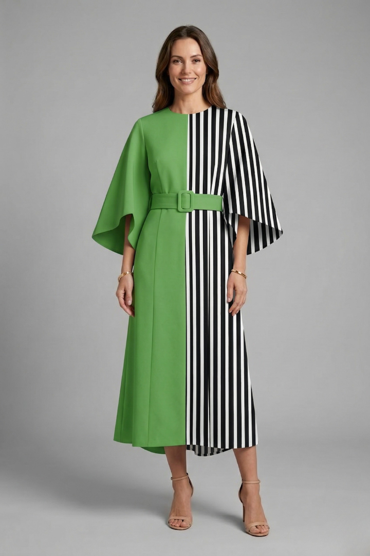 Women's midi dress with round neck and wide sleeves, abstract linear print on textured surface