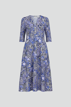 Women's midi dress with V-neck, three-quarter sleeves and all-over printed pattern