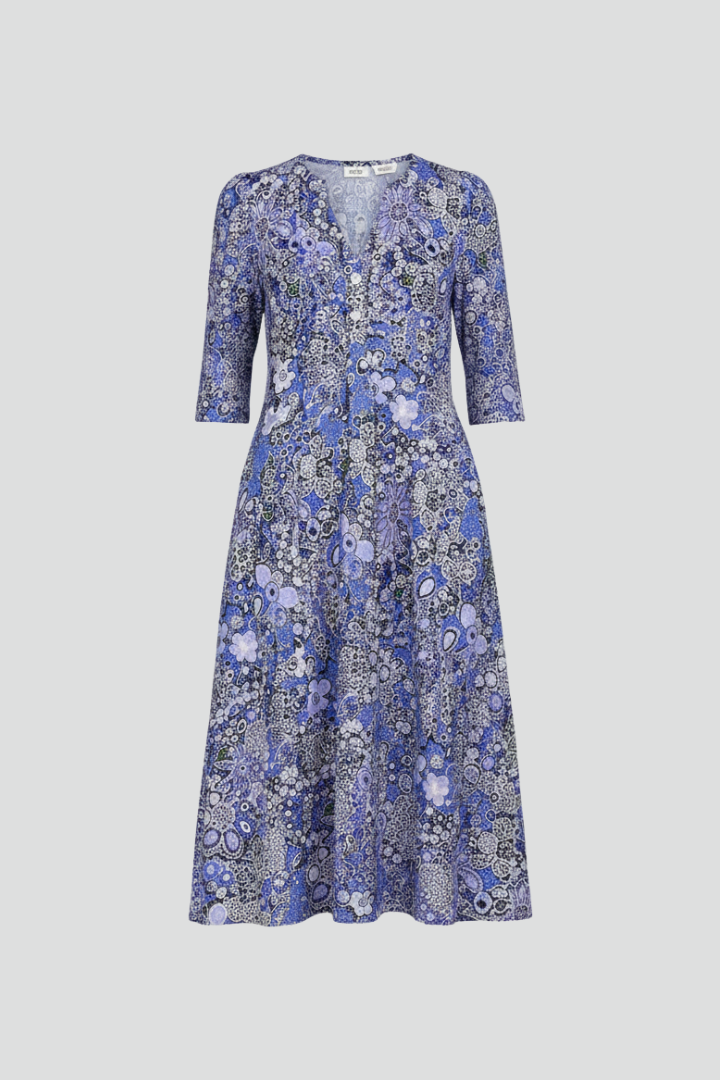 Women's midi dress with V-neck, three-quarter sleeves and all-over printed pattern