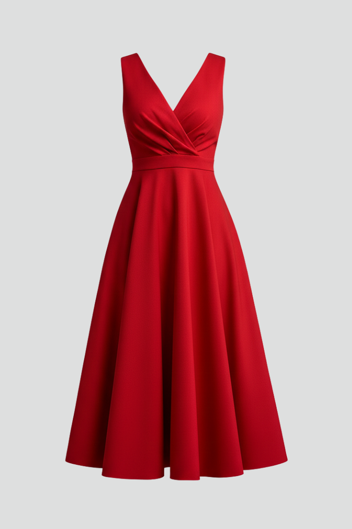 Women's midi dress with V-neck, sleeveless A-line silhouette and concealed back zip