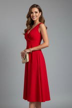 Women's midi dress with V-neck, sleeveless A-line silhouette and concealed back zip
