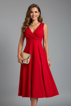 Women's midi dress with V-neck, sleeveless A-line silhouette and concealed back zip