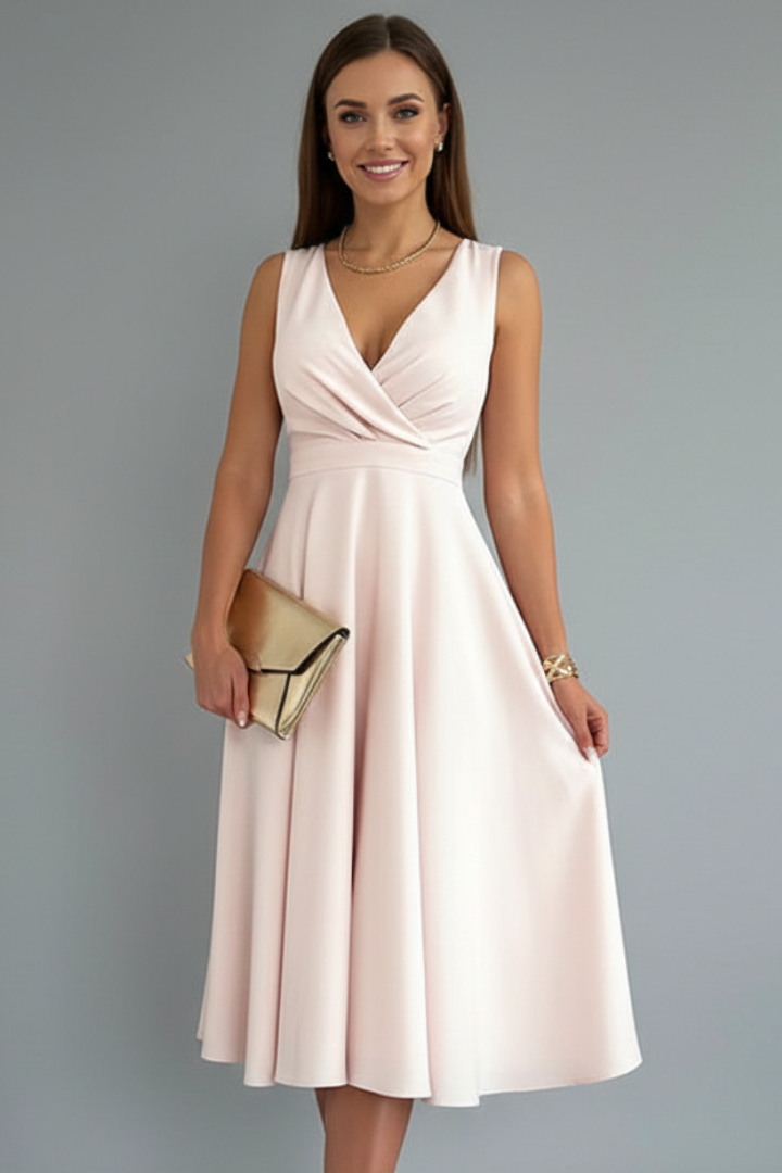 Women's midi dress with V-neck, sleeveless A-line silhouette and concealed back zip