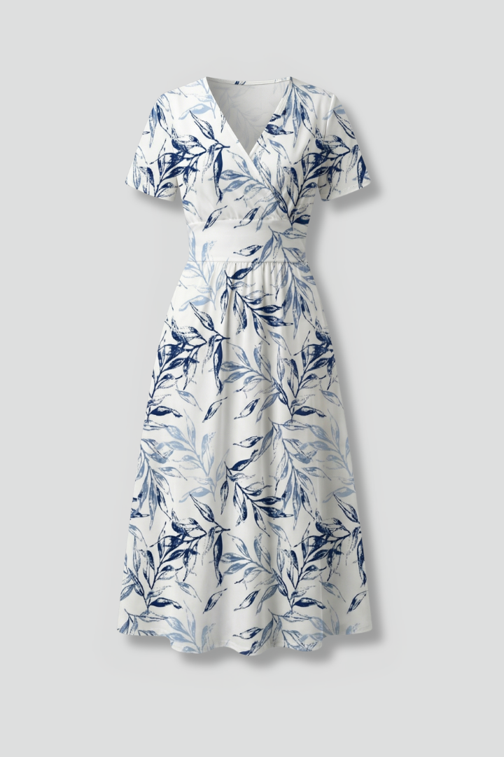 Women's midi dress with floral print, V neckline and A-line short sleeve design