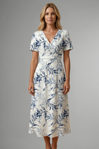 Women's midi dress with floral print, V neckline and A-line short sleeve design