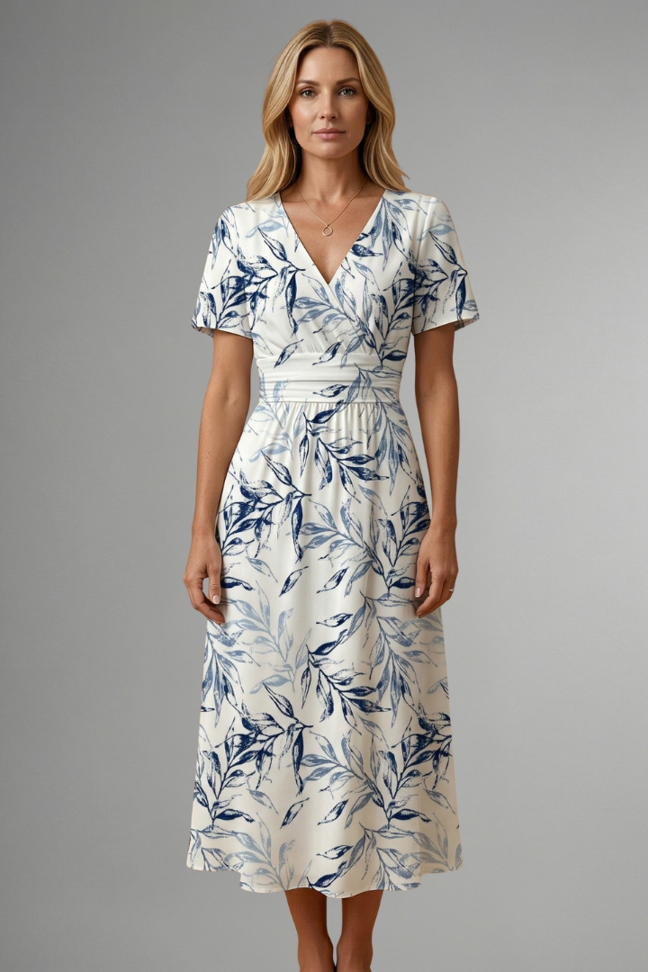 Women's midi dress with floral print, V neckline and A-line short sleeve design