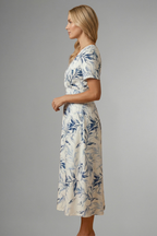 Women's midi dress with floral print, V neckline and A-line short sleeve design