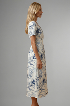 Women's midi dress with floral print, V neckline and A-line short sleeve design