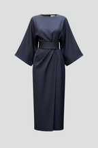 Women's midi dress with wide elbow sleeves and belted waist, round neckline