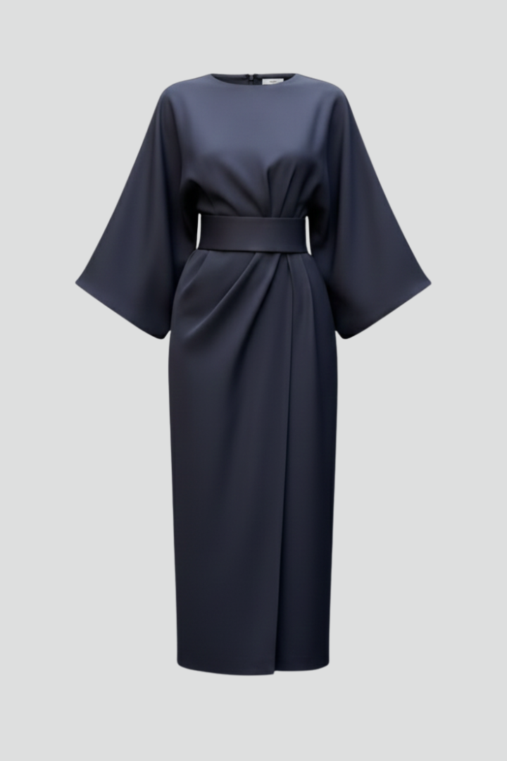 Women's midi dress with wide elbow sleeves and belted waist, round neckline