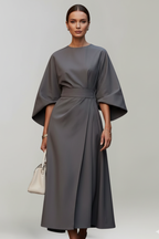 Women's midi dress with wide elbow sleeves and belted waist, round neckline