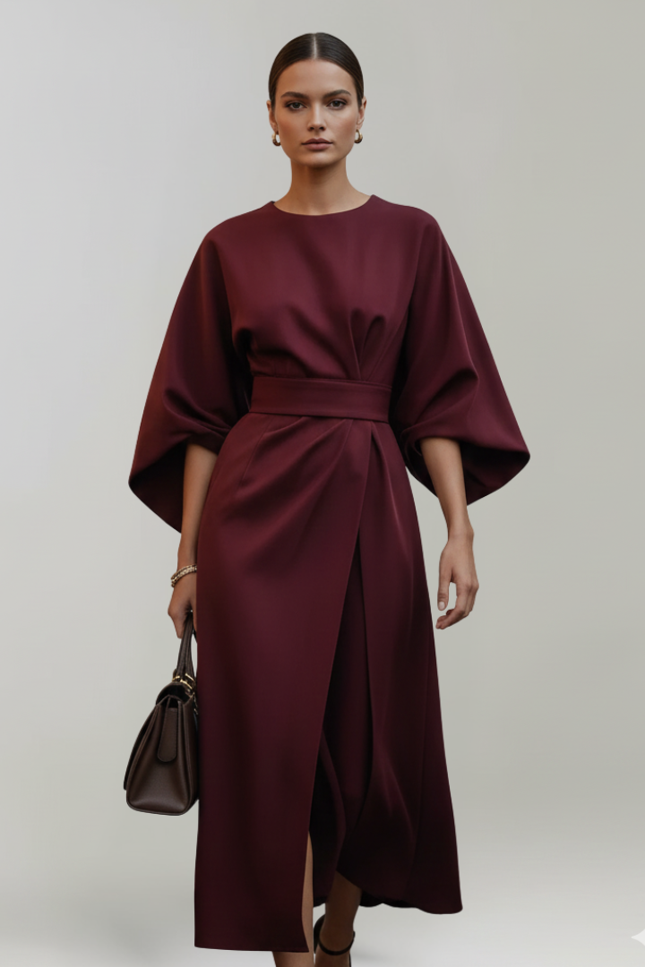 Women's midi dress with wide elbow sleeves and belted waist, round neckline