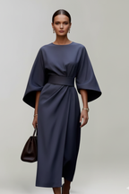 Women's midi dress with wide elbow sleeves and belted waist, round neckline