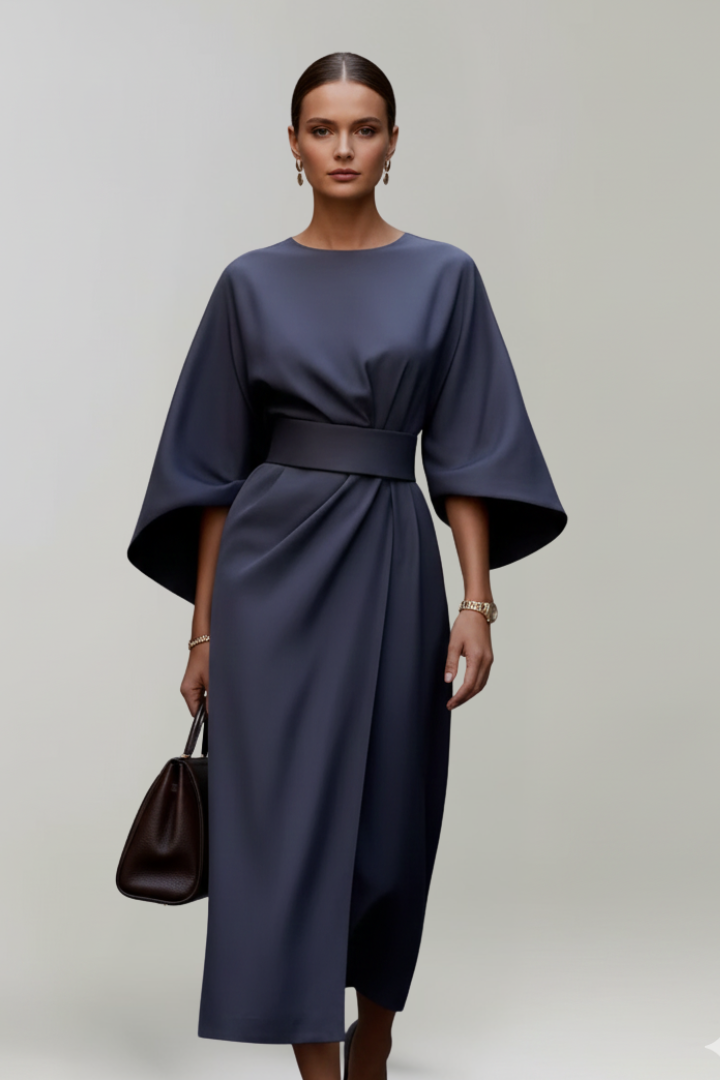 Women's midi dress with wide elbow sleeves and belted waist, round neckline