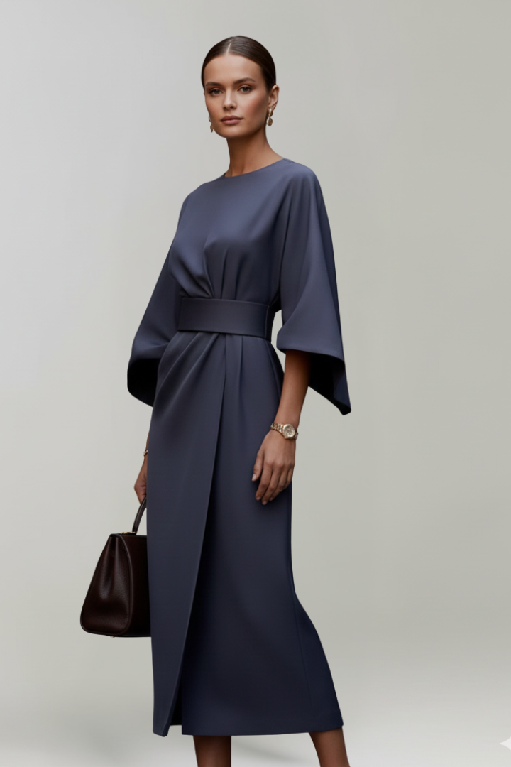 Women's midi dress with wide elbow sleeves and belted waist, round neckline