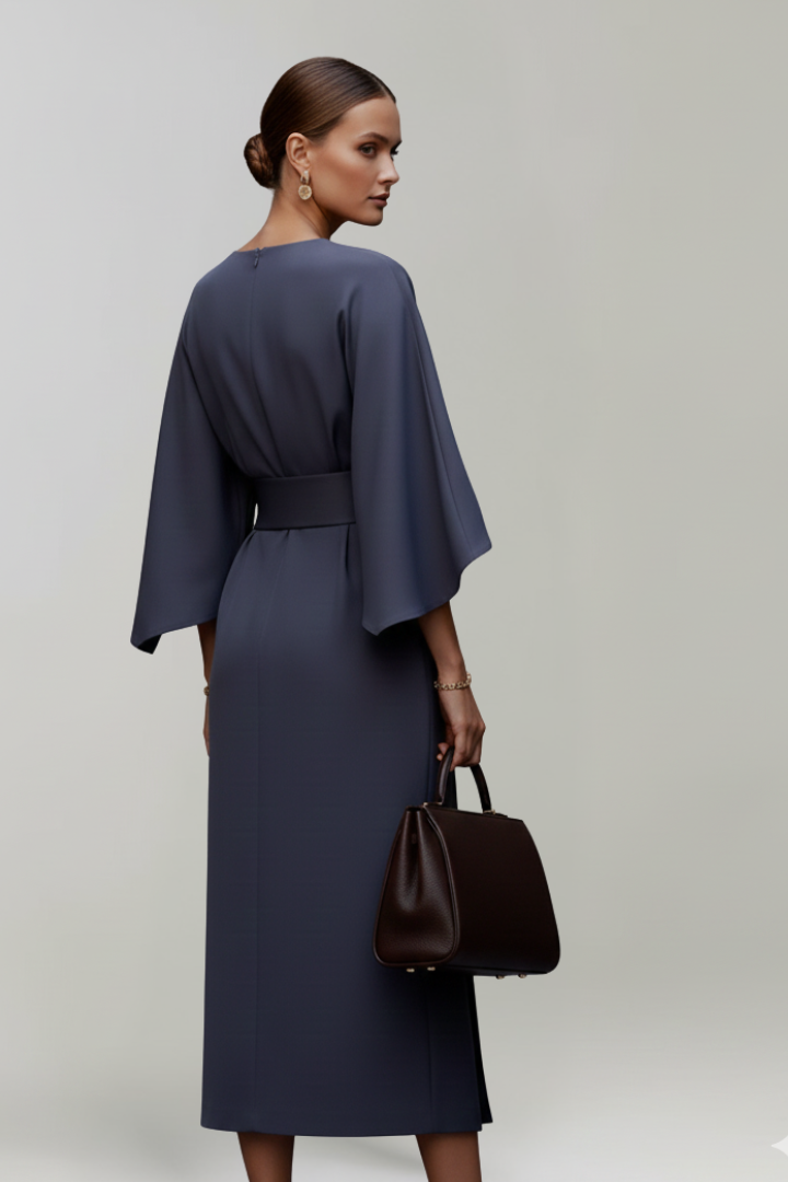 Women's midi dress with wide elbow sleeves and belted waist, round neckline