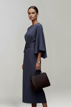 Women's midi dress with wide elbow sleeves and belted waist, round neckline