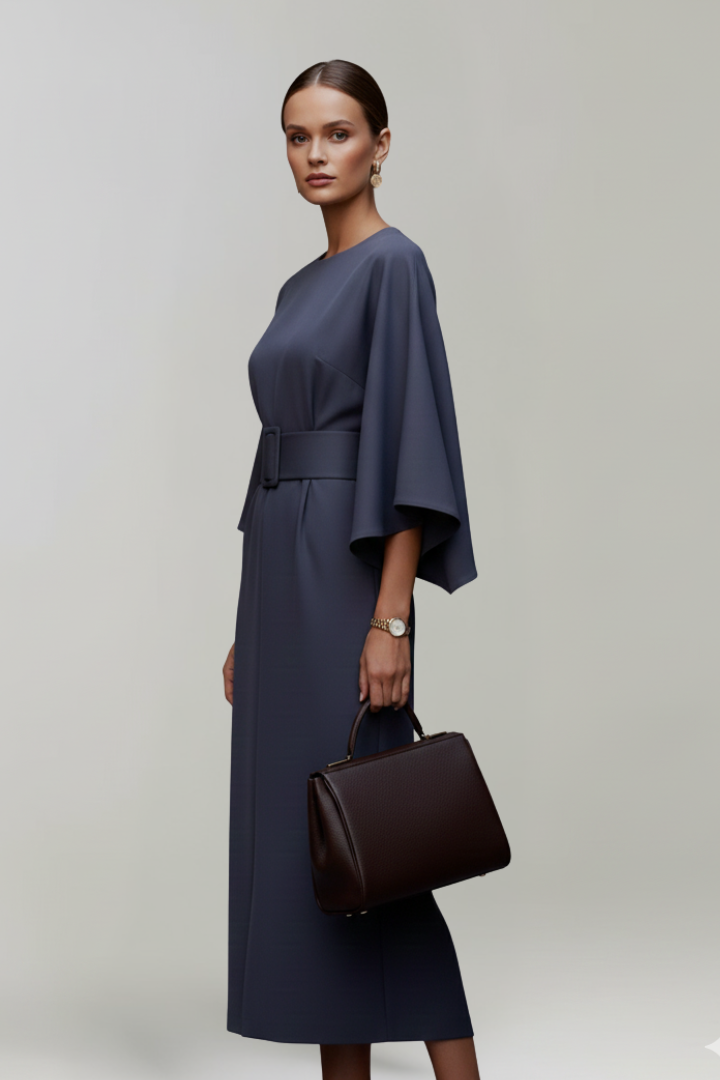 Women's midi dress with wide elbow sleeves and belted waist, round neckline