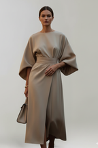 Women's midi dress with wide elbow sleeves and belted waist, round neckline