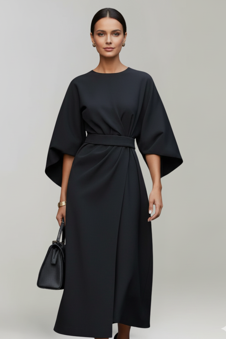 Women's midi dress with wide elbow sleeves and belted waist, round neckline
