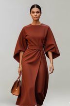 Women's midi dress with wide elbow sleeves and belted waist, round neckline