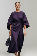 Women's midi dress with wide elbow sleeves and belted waist, round neckline