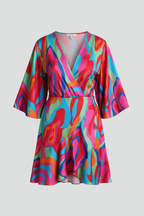 Women's mini dress with batwing sleeves, V-neckline and adjustable waist tie