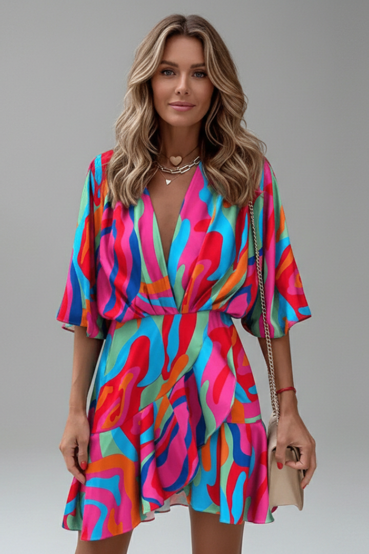 Women's mini dress with batwing sleeves, V-neckline and adjustable waist tie