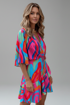 Women's mini dress with batwing sleeves, V-neckline and adjustable waist tie