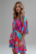 Women's mini dress with batwing sleeves, V-neckline and adjustable waist tie
