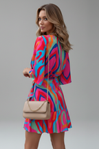 Women's mini dress with batwing sleeves, V-neckline and adjustable waist tie