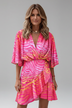Women's mini dress with batwing sleeves, V-neckline and adjustable waist tie