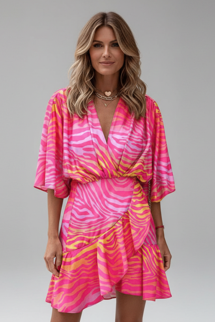 Women's mini dress with batwing sleeves, V-neckline and adjustable waist tie