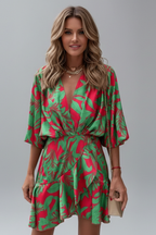 Women's mini dress with batwing sleeves, V-neckline and adjustable waist tie
