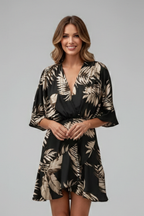 Women's mini dress with batwing sleeves, V-neckline and adjustable waist tie