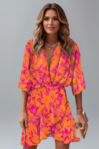 Women's mini dress with batwing sleeves, V-neckline and adjustable waist tie