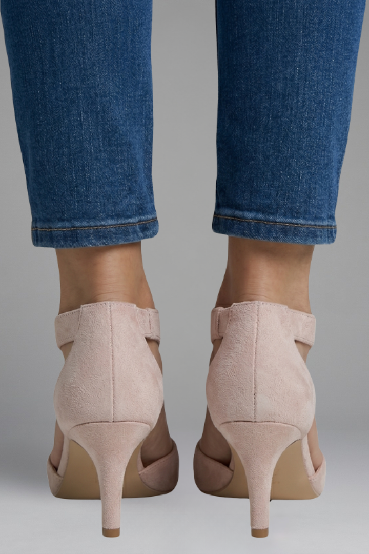 Women's orthopaedic heels with peep toe and cutout side panels, mid heel slip-on style