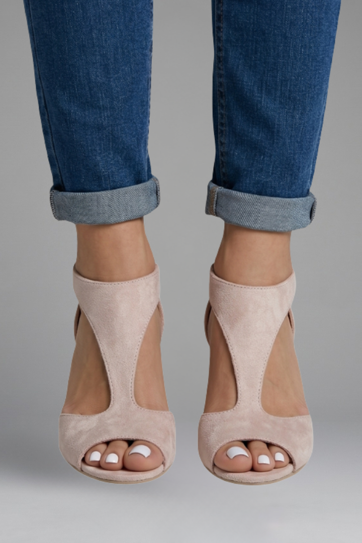 Women's orthopaedic heels with peep toe and cutout side panels, mid heel slip-on style