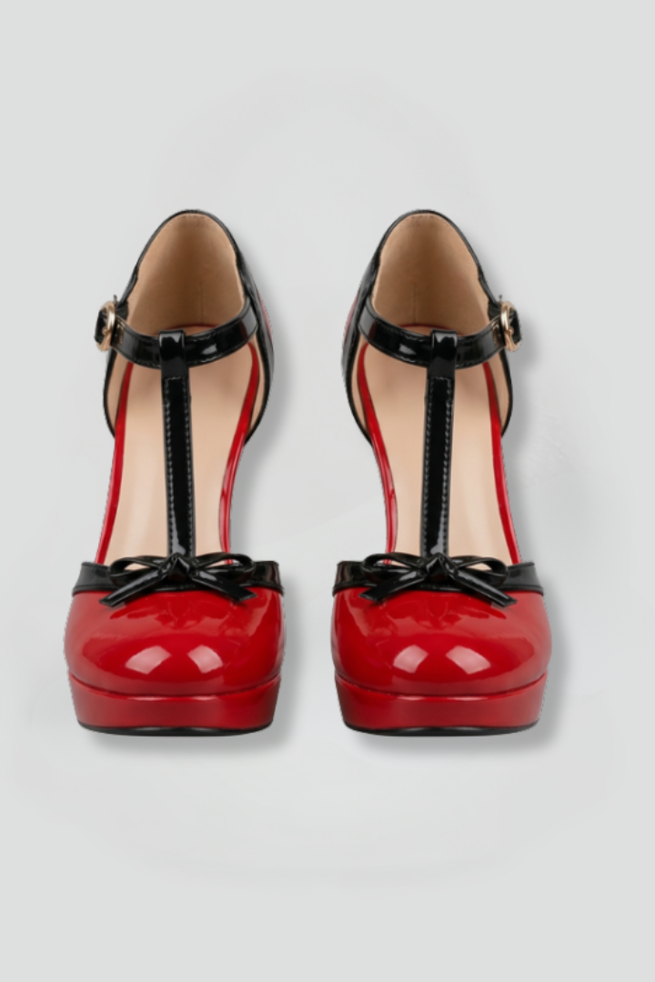 Women's orthopaedic heels with T-strap and platform sole, formal closed round toe