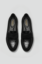 Women's orthopaedic loafers black flat sole slip-on with croc-embossed panel