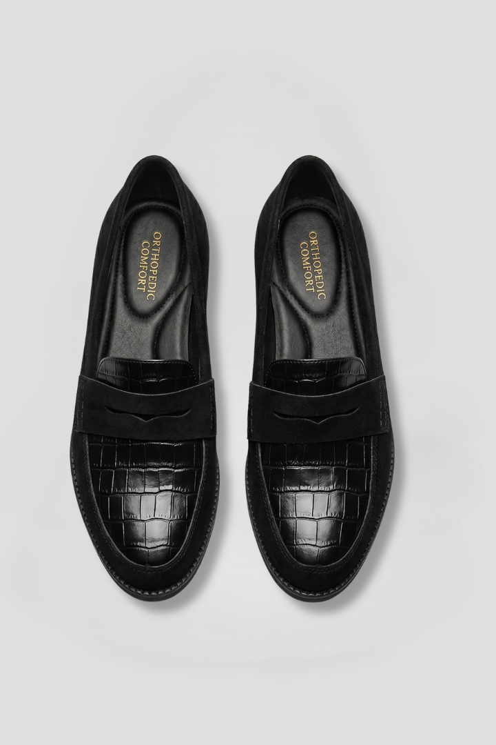 Women's orthopaedic loafers black flat sole slip-on with croc-embossed panel